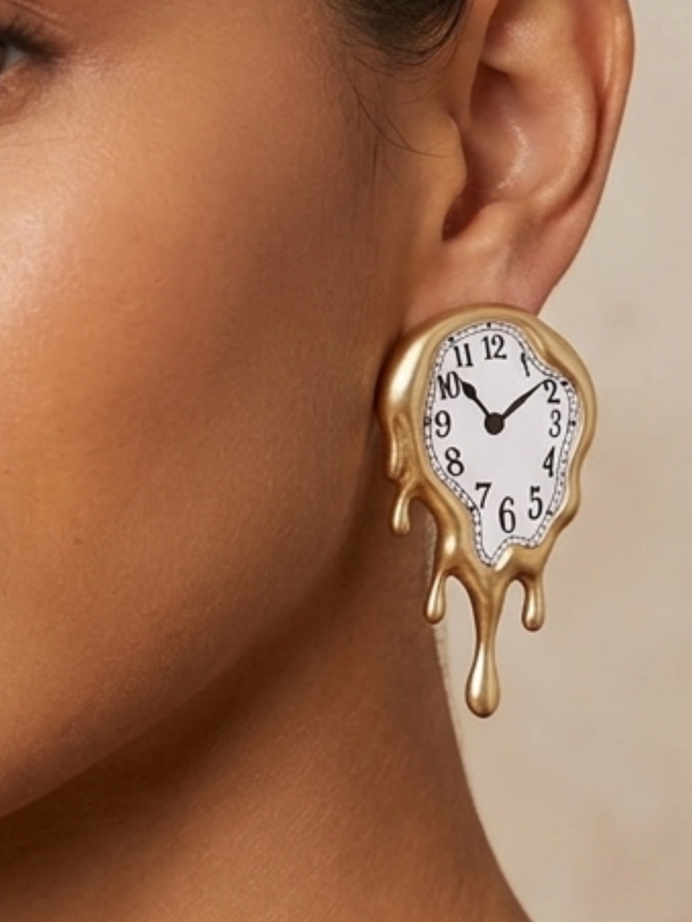 Surreal Melting Clock Drop Earrings - Gold & White